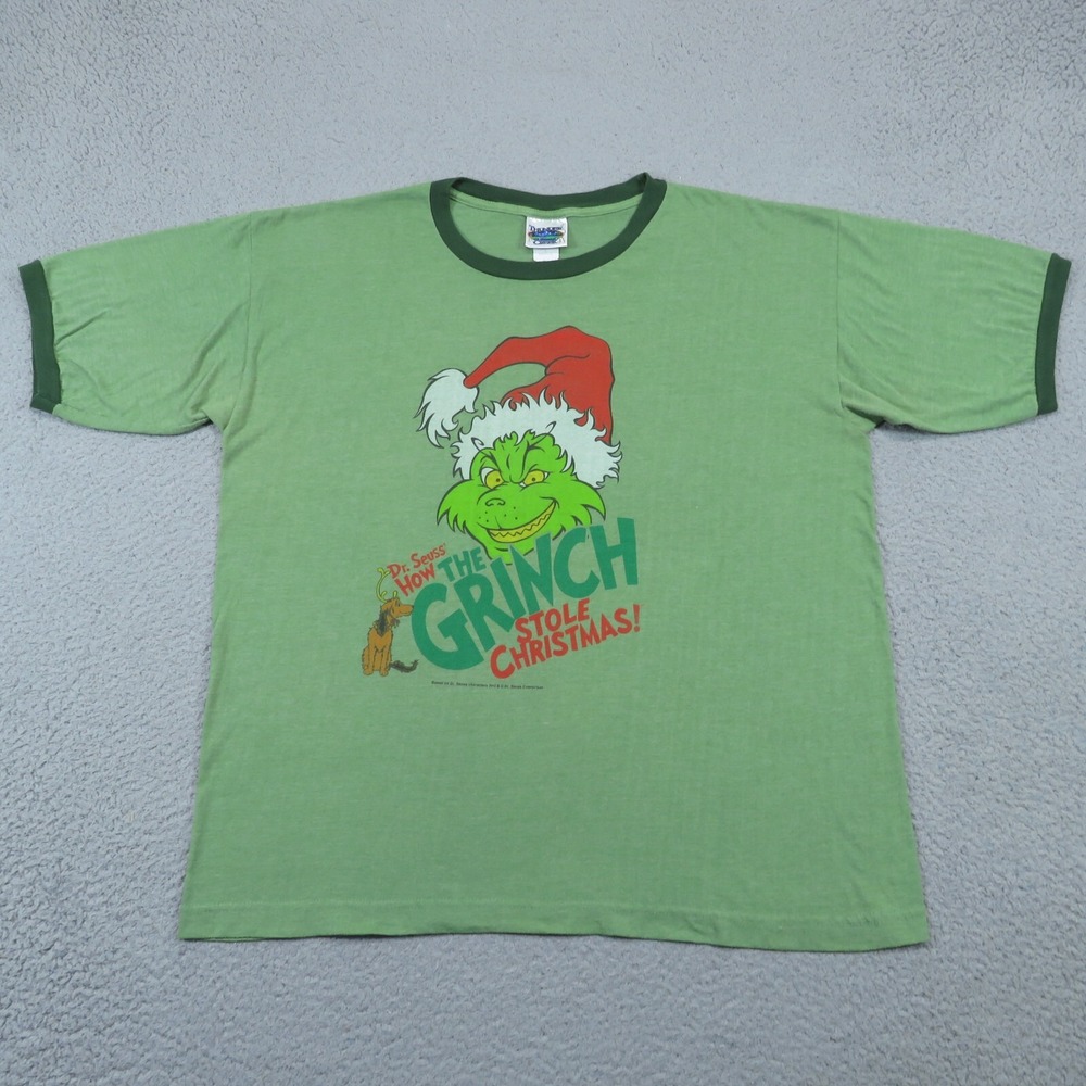 Vintage Grinch Christmas Ringer Tee Mens Large Thunder Creek Made in USA 50/50